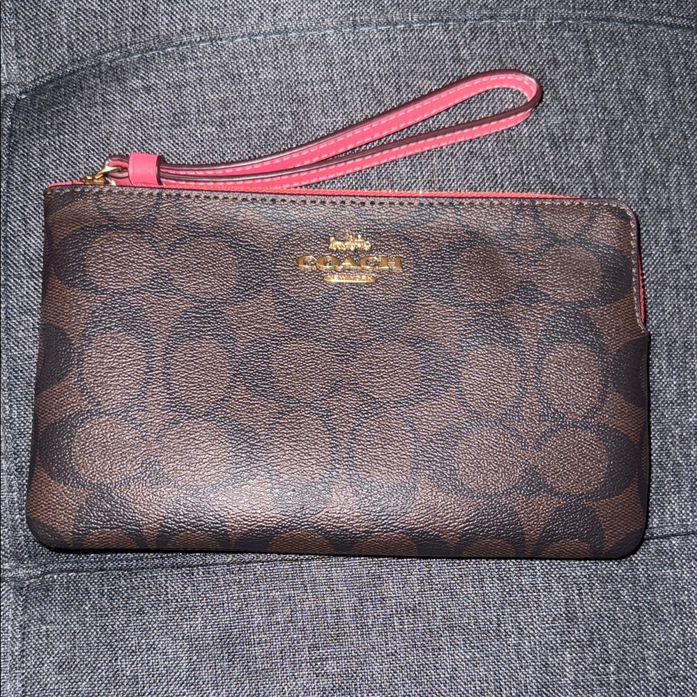 Coach Signature Brown Wristlet with Pink Trim